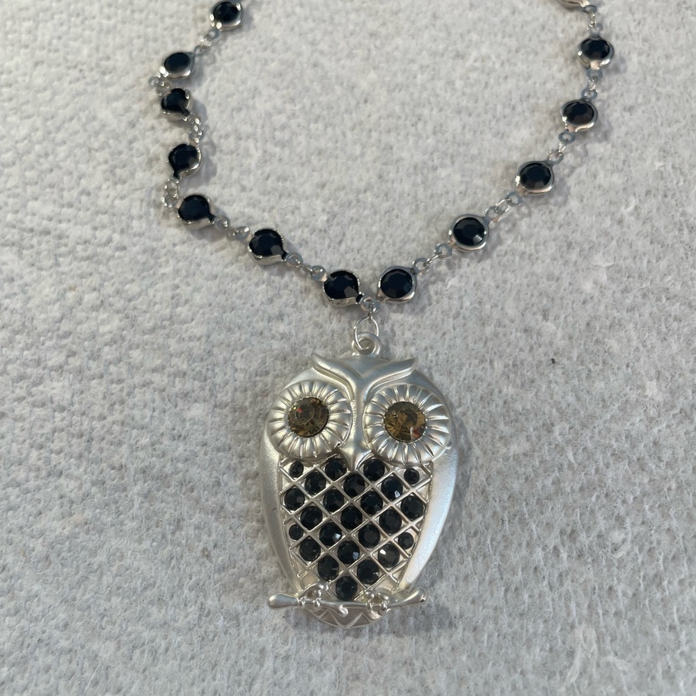 Silver and Black Owl Pendant Necklace